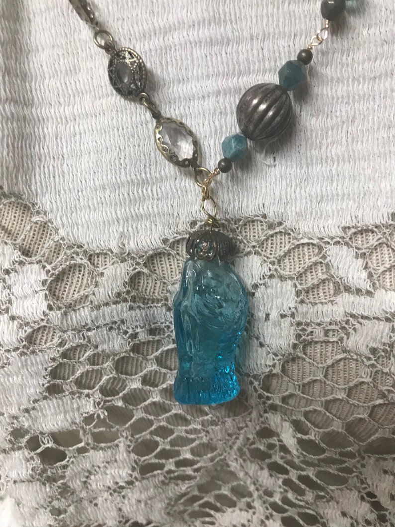 THE FISH vintage turquoise glass mini bottle pendant necklace upscaled repurposed altered art mixed media necklace image 7