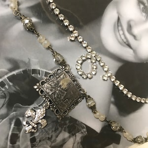 TRAVEL charm fleur de lis vintage assemblage key rosary bead rhinestone multi strand necklace, altered art, mixed media,upscaled, repurposed