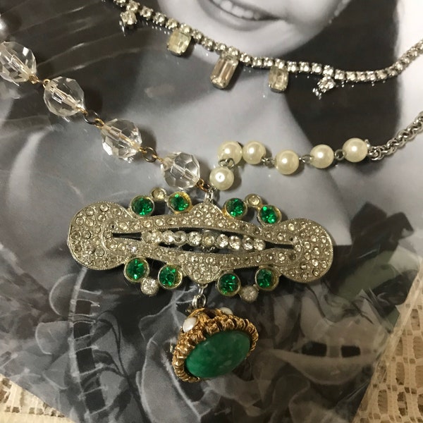 GREEN GODDESS antique assemblage rhinestone charm rosary upscaled repurposed necklace altered art mixed media