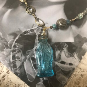 THE FISH vintage turquoise glass mini bottle pendant necklace upscaled repurposed altered art mixed media necklace image 4