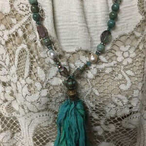 Your choice burgundy green blue cream brown turquoise teal boho silk tassel necklace agate beads iridescent image 9