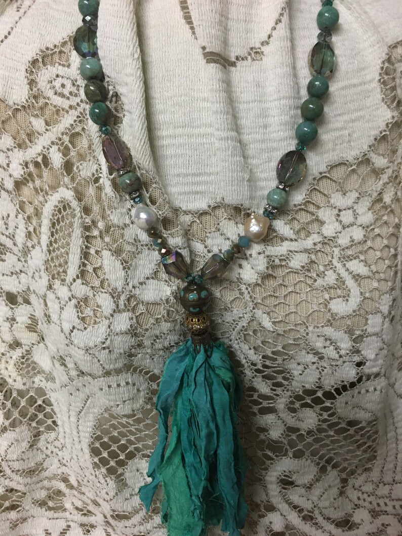 Your choice burgundy green blue cream brown turquoise teal boho silk tassel necklace agate beads iridescent image 9