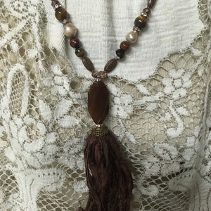 Your choice burgundy green blue cream brown turquoise teal boho silk tassel necklace agate beads iridescent image 6