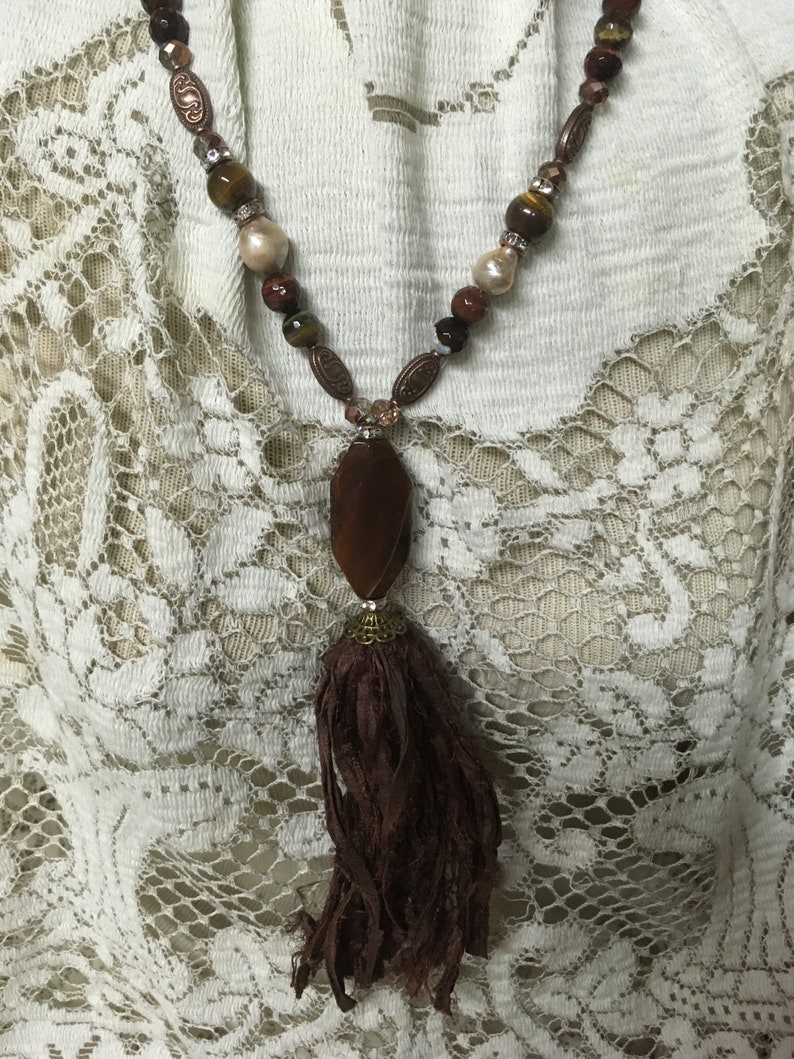 Your choice burgundy green blue cream brown turquoise teal boho silk tassel necklace agate beads iridescent image 6