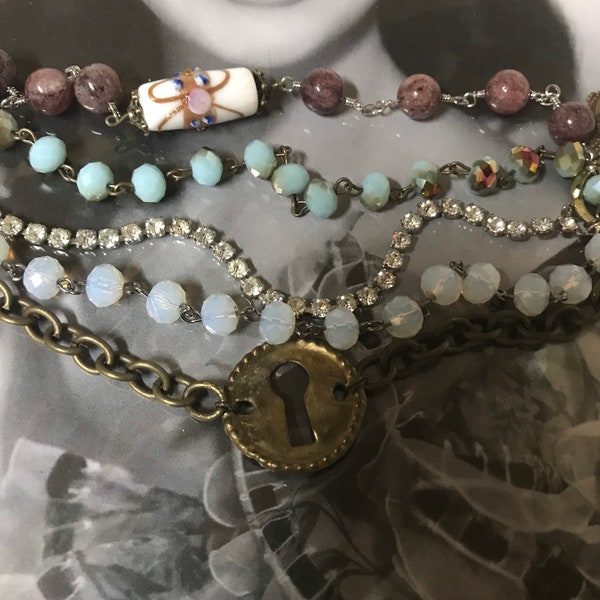 TAKE a PEEK vintage assemblage multistrand rosary beads keyhole floral cameo bracelet altered art mixed media upscaled repurposed