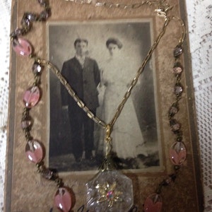 PRETTY IN PINK vintage assemblage mini perfume bottle doublestrand beaded pink rhinestone necklace upscaled repurposed mixed media altered