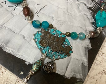 ON the PRAIRIE metal component on filigree frame turquoise horse buggy  vintage assemblage necklace upscaled repurposed altered art