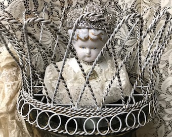 Rhinestone crown adorned female distressed porcelain doll head with shabby crown wire basket tattered lace accents upscaled repurposed