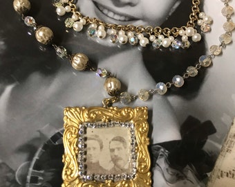 FAMILY PORTRAIT vintage assemblage upscaled framed photo pendant rosary beads and faux pearls rhinestones multistrand necklace altered art