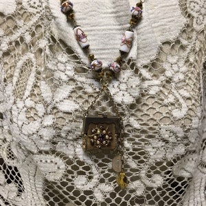 FLORAL PURSE BOUQUET purple pearl vintage assemblage mesh purse pendant charm necklace religious medallion altered art repurposed image 2