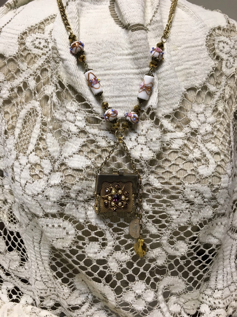 FLORAL PURSE BOUQUET purple pearl vintage assemblage mesh purse pendant charm necklace religious medallion altered art repurposed image 2