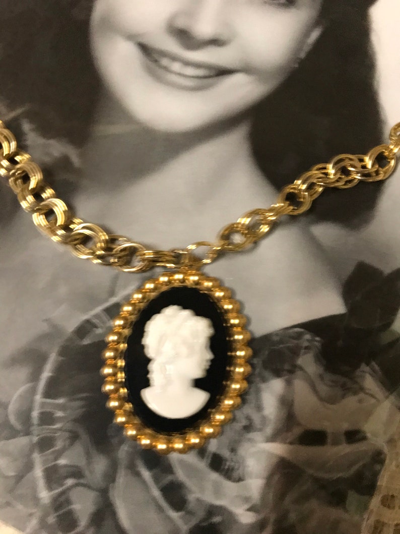 CAMEO PORTRAIT black white beaded vintage assemblage necklace altered art mixed media