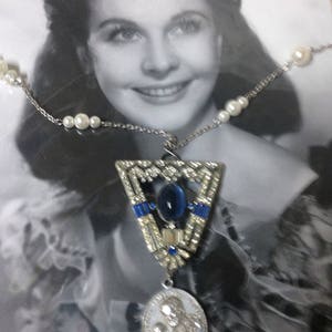 BERMUDA TRIANGLE blue rhinestone shoeclip religious coin saint faux pearl vintage assemblage  necklace altered art mixed media upscaled