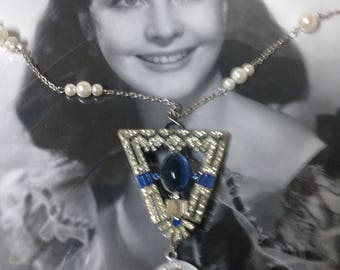 BERMUDA TRIANGLE blue rhinestone shoeclip religious coin saint faux pearl vintage assemblage  necklace altered art mixed media upscaled