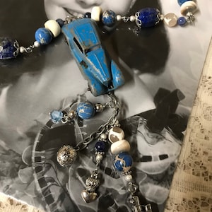 CHARMING toy CAR Vintage assemblage charm necklace upscaled repurposed altered art mixed media