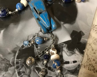 CHARMING toy CAR Vintage assemblage charm necklace upscaled repurposed altered art mixed media