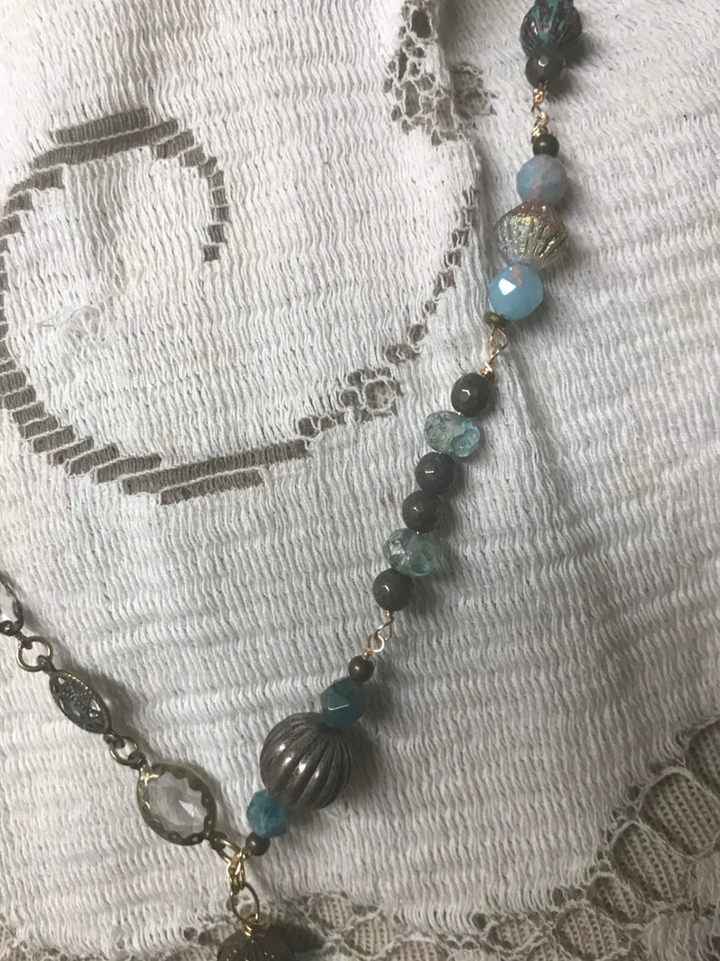 THE FISH vintage turquoise glass mini bottle pendant necklace upscaled repurposed altered art mixed media necklace image 6