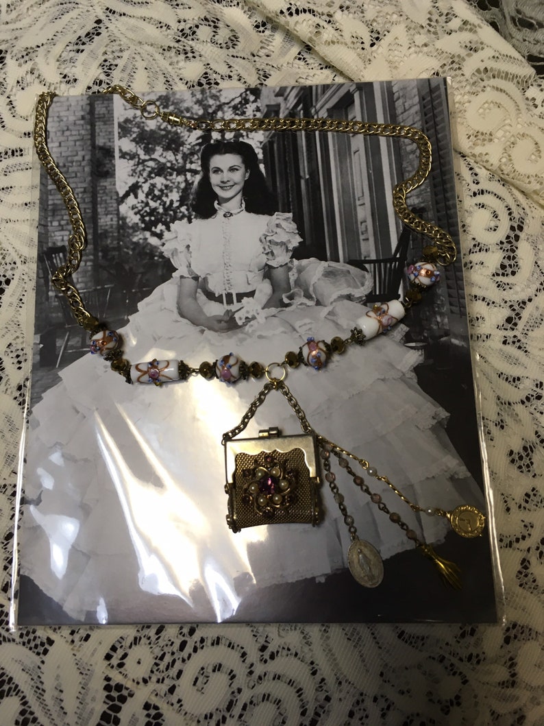 FLORAL PURSE BOUQUET purple pearl vintage assemblage mesh purse pendant charm necklace religious medallion altered art repurposed image 4