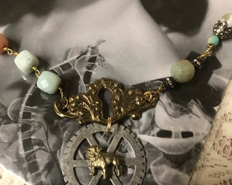DOG WHEEL steampunk vintage assemblage lock keyhole rosary beaded rhinestone necklace upscaled repurposed altered art mixed media