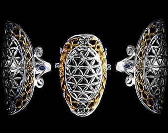 Flower of Life Ring - Long - 24k Gold plated / Sterling Silver
