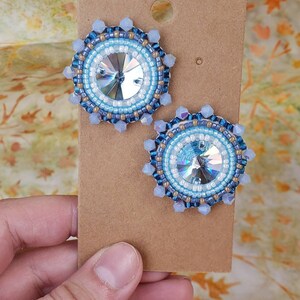 Blue Crystal Earrings with Blue Brown White Beads/Hand Made/Hand Beaded/Bead Embroidery