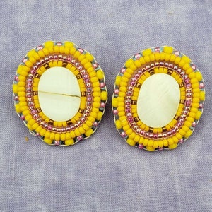 White Shell Earrings with Yellow and Purple Beads