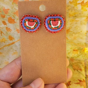 Small Polymer Clay Watermelon Slices Earrings with Red Green and Periwinkle Beads/Hand Made/Fruit Earrings/Simple/Gifts for Them