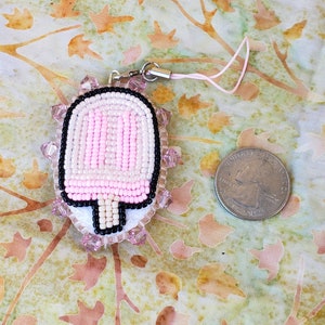 Pink Ice Cream Phone Charm/Pink Ice Lolli/Hand Made/Bead Embroidery