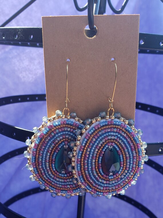 Purple and Gold Flat Beaded Hoops Purple and Gold Flat Beaded Hoops
