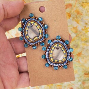 Brown Arrow Dyed Shell Earring with Blue Yellow Copper Beads/Hand Made/Bead Embroidery