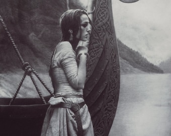 May include: A woman in a long white dress stands in a body of water, leaning against the prow of a Viking ship. The ship is ornately carved with intricate knotwork and the prow is shaped like a dragon's head.