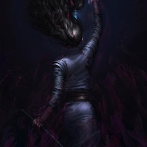 May include: A woman with long black hair reaches up towards a blue light, surrounded by a sea of purple hands.