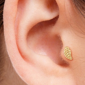 Solid 14k Yellow Gold Tragus Stud, White Gold Leaf Tragus Earring, Rose Gold Tragus Jewelry, Tragus Piercing, Indian Tragus Jewelry, SKU 108
