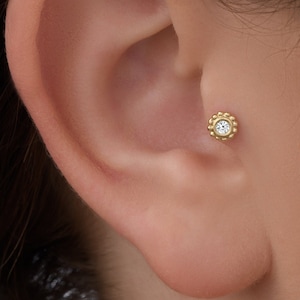 Diamond Tragus Earring, Flat Back Tragus Earring, White Gold Diamond Tragus Stud, Solid 14K Gold Tragus Piercing, Diamond Cartilage Jewelry