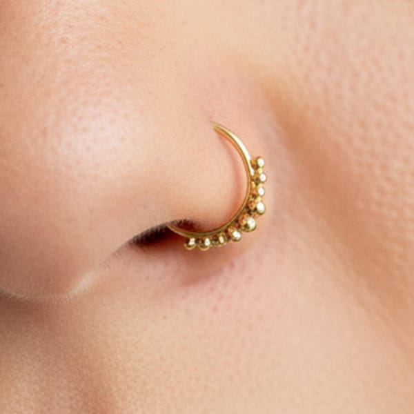 Argola de nariz de ouro com contas - Argola sólida 14k feita à mão