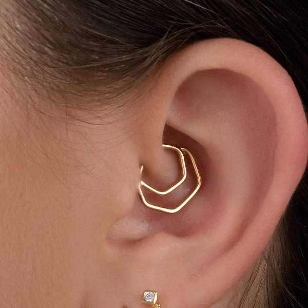 Daith Ring Gold, 14K Solid Gold Jewelry, Gold Daith Ring, Daith Piercing, Rook Solid Gold 14k, Geometric Daith, Asymmetric Earring, SKU 48