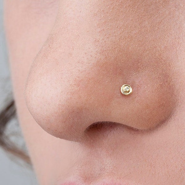 Tiny Nose Stud w/ Diamond, Small Nostril Pin, Diamond Nose Stud, Dainty Diamond Stud, Gold Nose Jewelry, 1mm Diamond, 3mm Disc, SKU 14