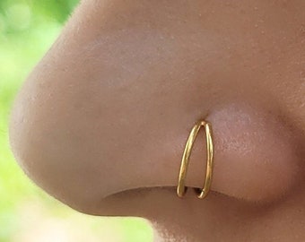 Double Nose Ring for Single Piercing, Real Gold Nose Ring, Solid 14k Gold Hoop, Nose Ring for Men, Quality Nose Ring, Double Nose Ring 14k