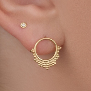 Gold Hoop Earrings - Solid 14k Yellow, Rose, or White Gold Hoop Stud Earnings in Boho Ethnic Style SKU 81