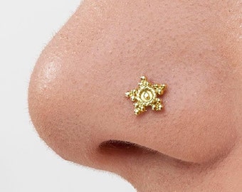 9KT Solid Gold Corkscrew Round Prong Set CZ Nose Ring Pin 9KT Solid Gold Corkscrew Round Prong Set CZ Nose Ring Pin