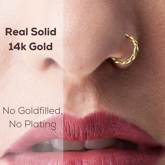 Buy L-shaped 14K Solid Gold Nose Ring, CZ Set Gold Nose Stud, Solid Gold  Nose Stud Ring, UK, Body Jewellery, Gift, 20G, 0.8mm Online in India - Etsy