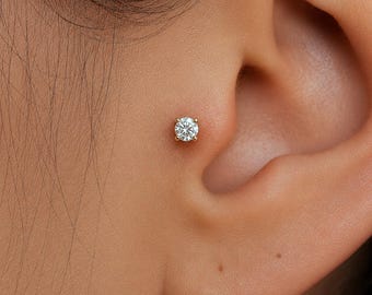 Natural Diamond Tragus Earring · 14k Gold Flat Back Stud · Helix Cartilage Conch Piercing · Single Diamond Cartilage Earring