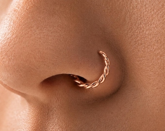 Dainty Rose Gold Nose Ring Braided Hoop (Solid 14k, Multiple Gauges)