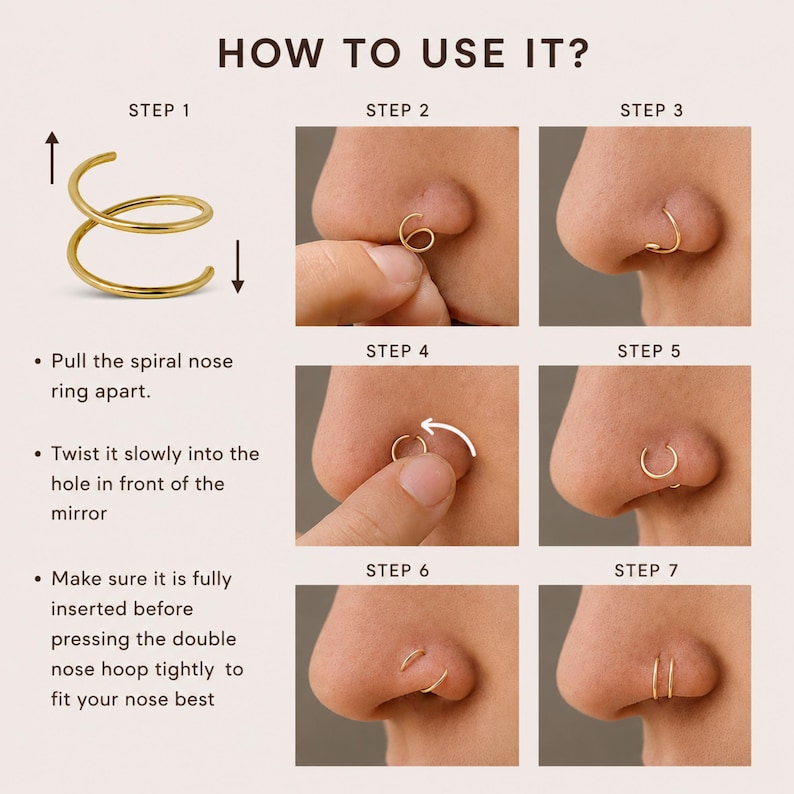 The image is a step-by-step guide on how to use a spiral nose ring, with six images showing the process from inserting the nose ring to securing it on the nose.
