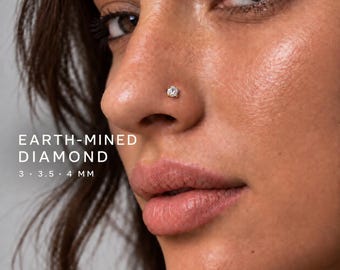 Diamond Nose Ring · Real Natural Diamond Nose Stud · 14k Gold Flat Back Nose Stud · 3mm - 4mm