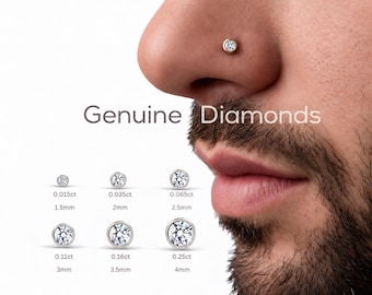Men's Natural Diamond Nose Stud, 14K White Gold Bezel, 18G Flat Back