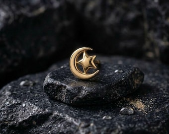 Islamic Gold Nose Ring Crescent Moon and Star (Solid 14k)