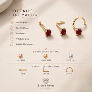 Kolczyk do nosa z rubinem, kamień naturalny, lite złoto (14k, 18k, 22k, 1,5-4 mm)