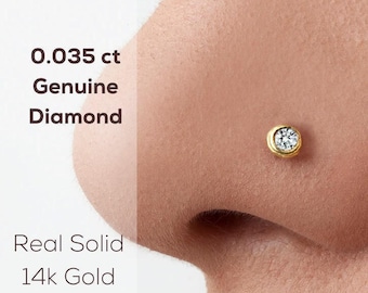 Diamond Nose Stud: 2mm Genuine Diamond, 14k Gold