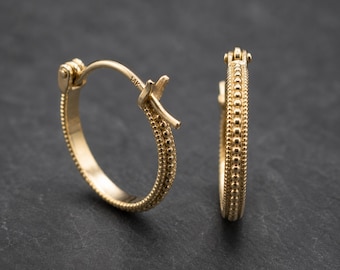 14k Gold Beaded Hoop Earrings · 12mm Solid Gold Granulated Milgrain Hoops